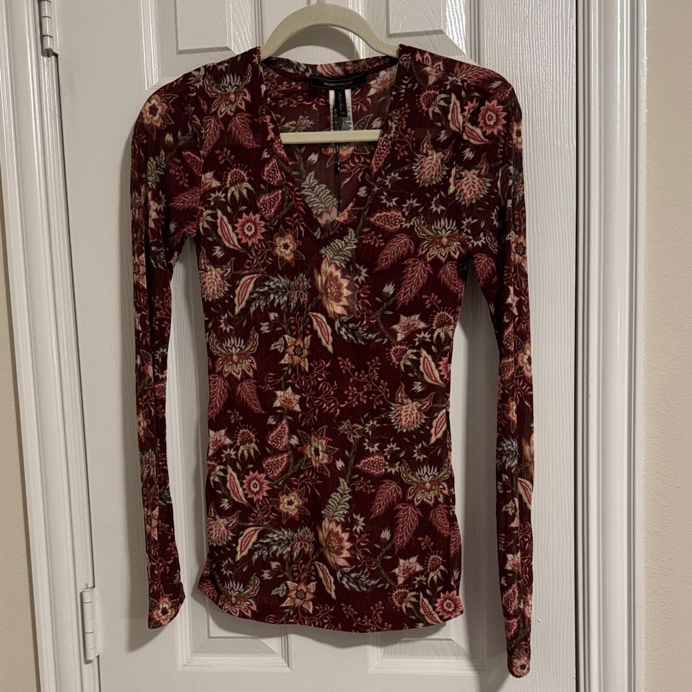 BCBGMaxAzria Burgundy Floral Long Sleeve Top